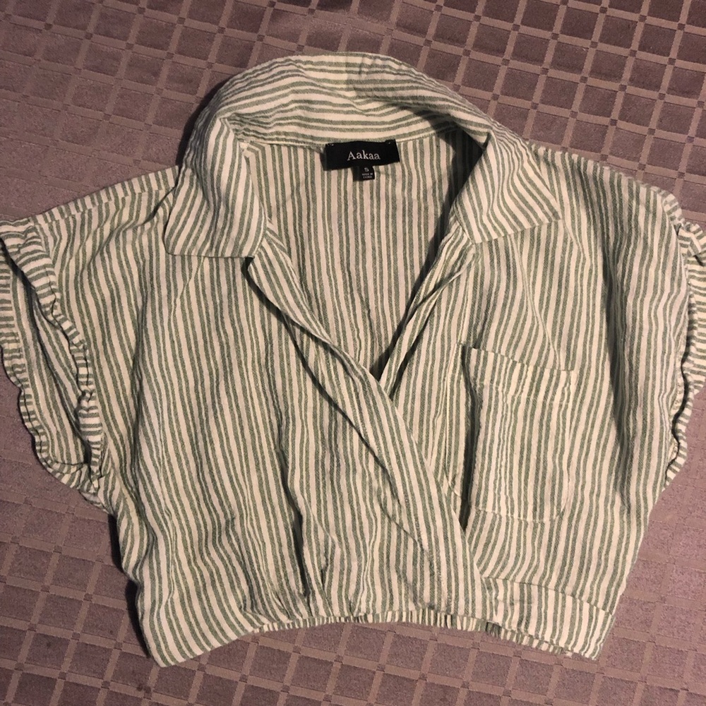 Aakaa Size S Green Striped Cropped Shirt Surplice Wrap Coastal Top